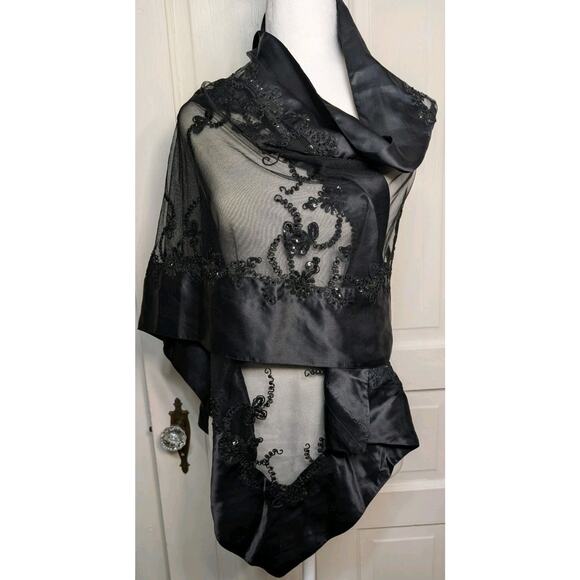 Lord & Taylor Accessories - Vtg Lord & Taylor Black Satin Mesh Sequin Evening Wrap 78" By 20" Goth(1032)